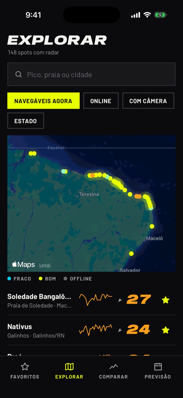 Mapa do litoral com os spots navegáveis agora