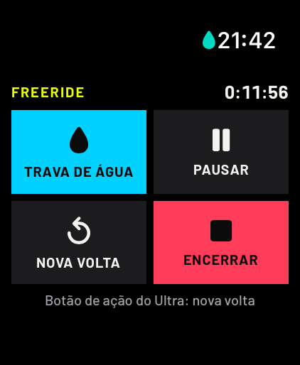 Controles da sessão no Apple Watch: trava de água, pausar, nova volta e encerrar